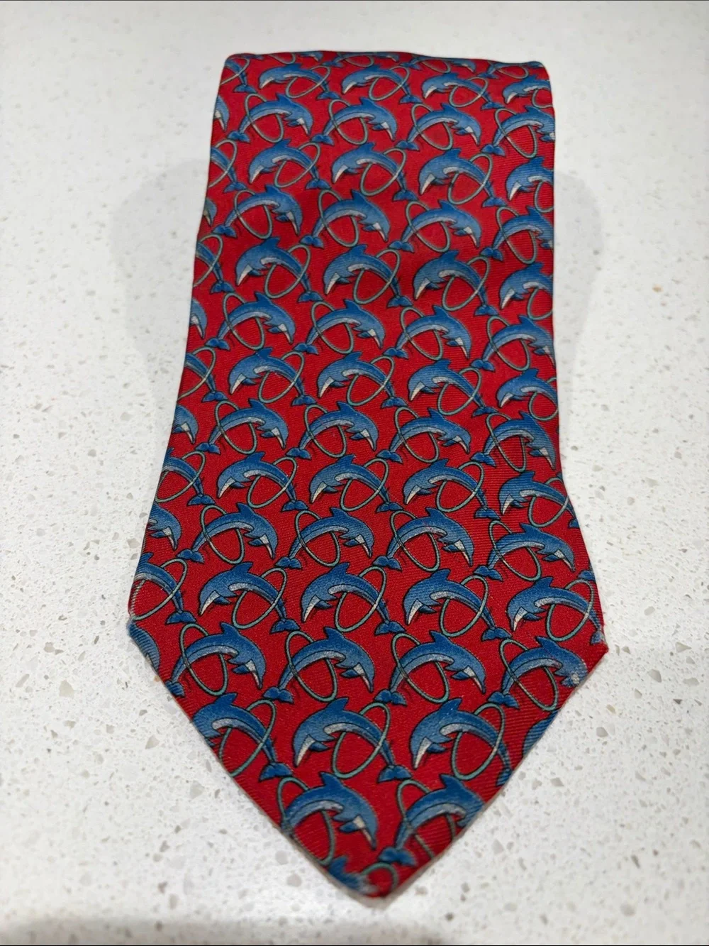 Classic Brooks Brothers Red Silk Men's Tie with Blue Dolphin Pattern